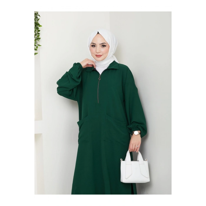 UZUN BOY CEPLE YARI FERMUARLI AYROBİN TESETTÜR TAKIM BÜYÜK BEDEN ZÜMRÜT 846