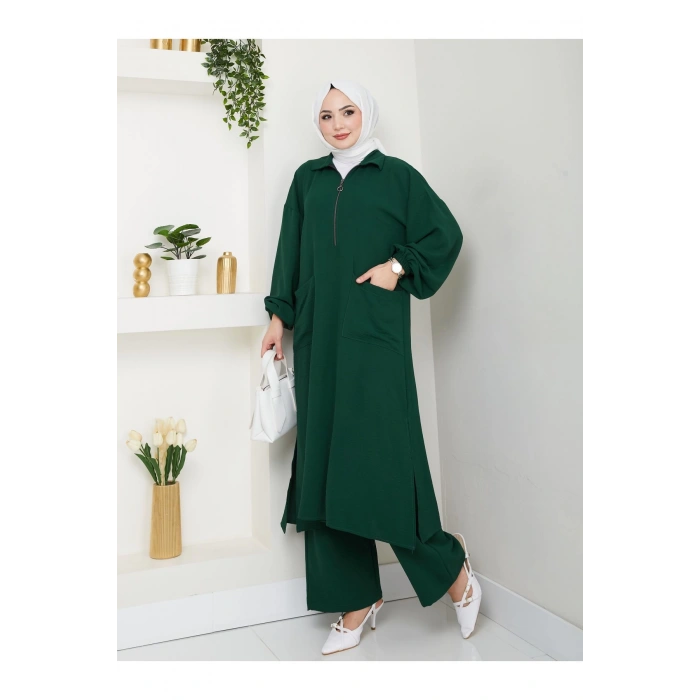 UZUN BOY CEPLE YARI FERMUARLI AYROBİN TESETTÜR TAKIM BÜYÜK BEDEN ZÜMRÜT 846