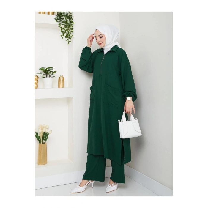 UZUN BOY CEPLE YARI FERMUARLI AYROBİN TESETTÜR TAKIM BÜYÜK BEDEN ZÜMRÜT 846