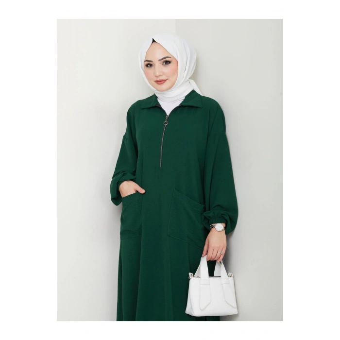 UZUN BOY CEPLE YARI FERMUARLI AYROBİN TESETTÜR TAKIM BÜYÜK BEDEN ZÜMRÜT 846