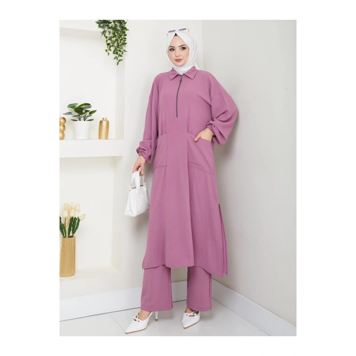 UZUN BOY CEPLE YARI FERMUARLI AYROBİN TESETTÜR TAKIM BÜYÜK BEDEN PEMBE 846