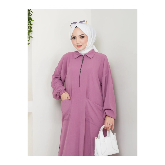 UZUN BOY CEPLE YARI FERMUARLI AYROBİN TESETTÜR TAKIM BÜYÜK BEDEN PEMBE 846