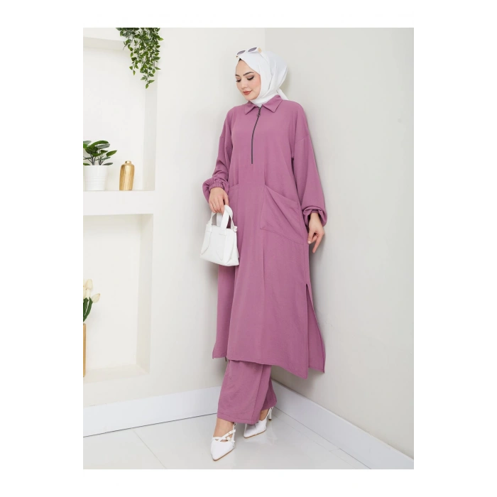 UZUN BOY CEPLE YARI FERMUARLI AYROBİN TESETTÜR TAKIM BÜYÜK BEDEN PEMBE 846