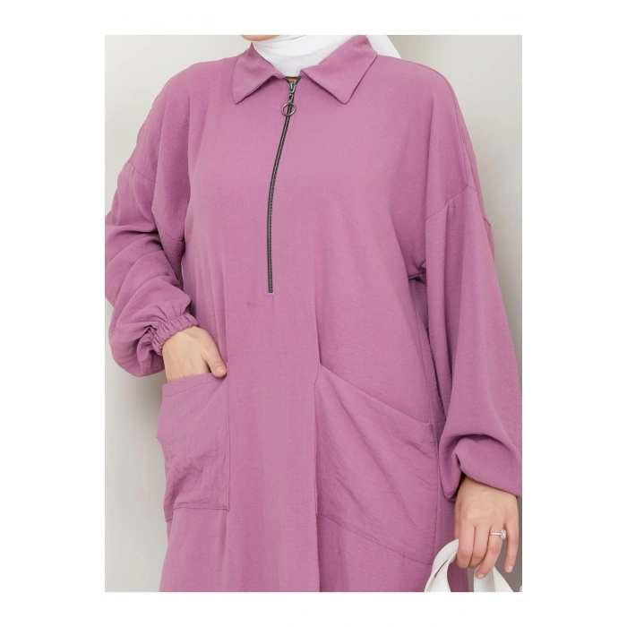 UZUN BOY CEPLE YARI FERMUARLI AYROBİN TESETTÜR TAKIM BÜYÜK BEDEN PEMBE 846