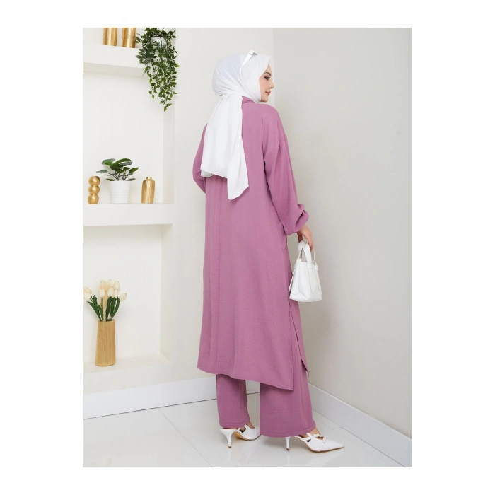 UZUN BOY CEPLE YARI FERMUARLI AYROBİN TESETTÜR TAKIM BÜYÜK BEDEN PEMBE 846