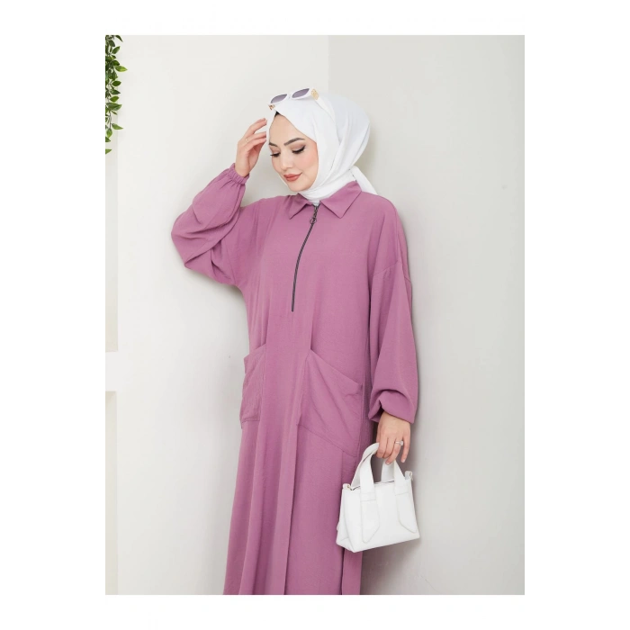 UZUN BOY CEPLE YARI FERMUARLI AYROBİN TESETTÜR TAKIM BÜYÜK BEDEN PEMBE 846