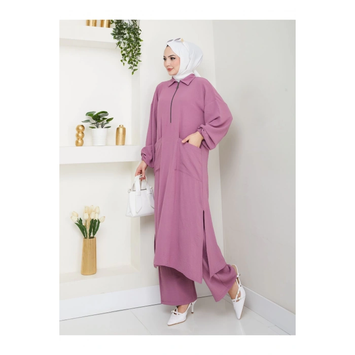 UZUN BOY CEPLE YARI FERMUARLI AYROBİN TESETTÜR TAKIM BÜYÜK BEDEN PEMBE 846