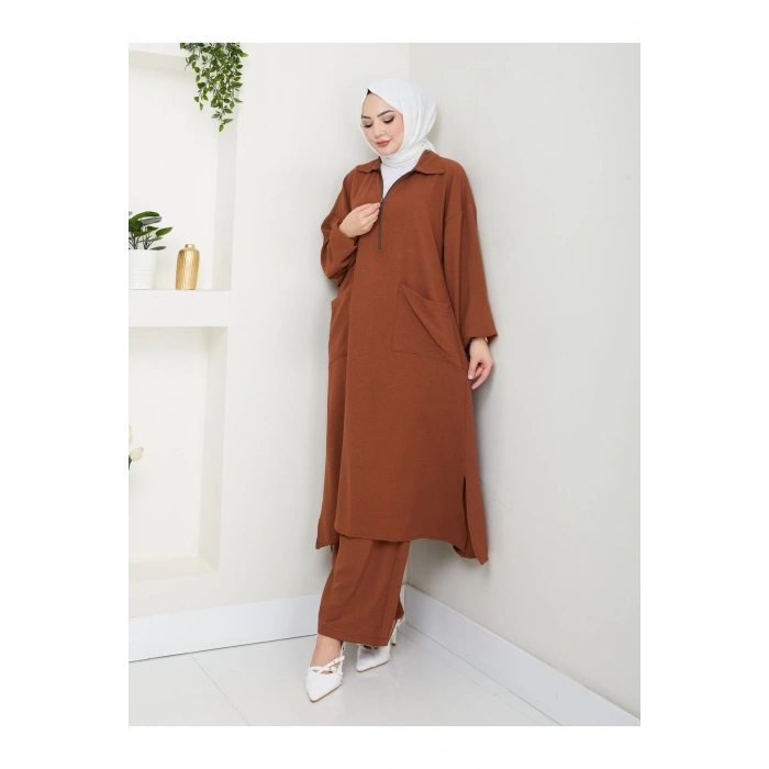 UZUN BOY CEPLE YARI FERMUARLI AYROBİN TESETTÜR TAKIM BÜYÜK BEDEN KAHVE 846