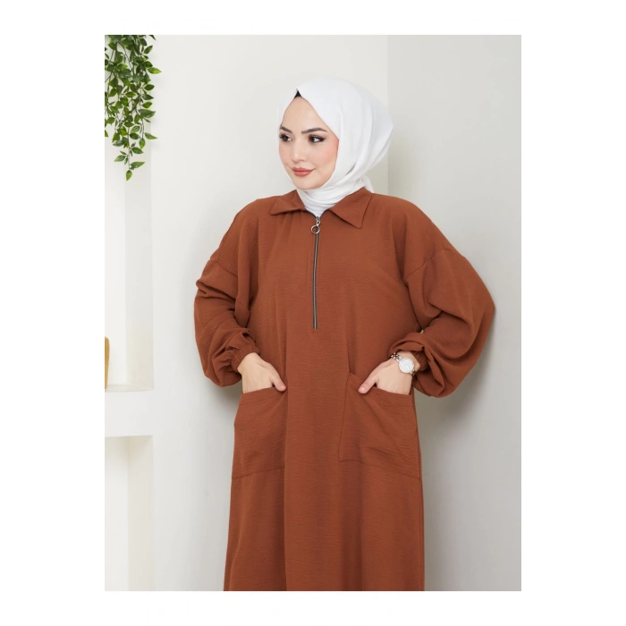 UZUN BOY CEPLE YARI FERMUARLI AYROBİN TESETTÜR TAKIM BÜYÜK BEDEN KAHVE 846