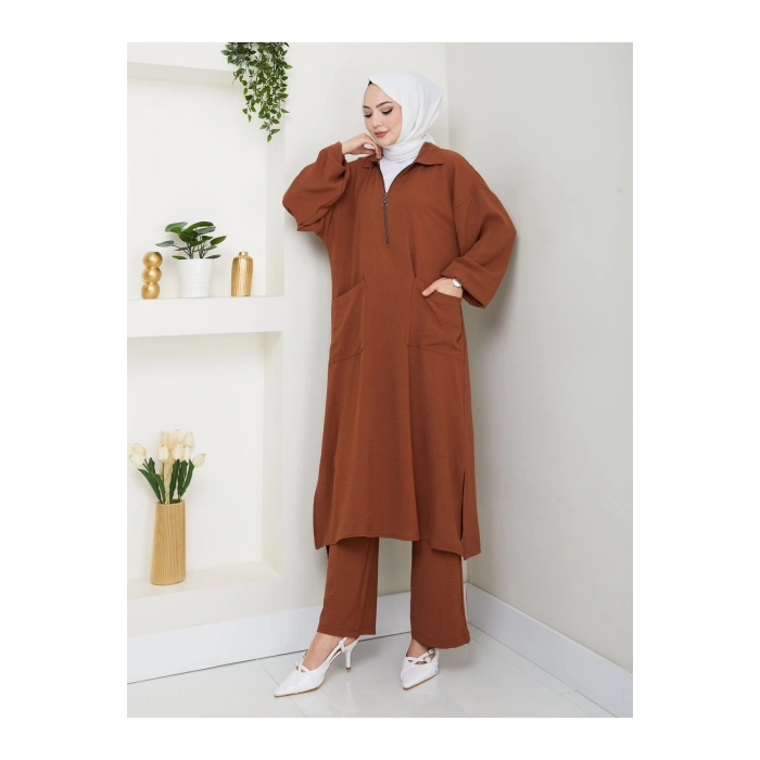 UZUN BOY CEPLE YARI FERMUARLI AYROBİN TESETTÜR TAKIM BÜYÜK BEDEN KAHVE 846