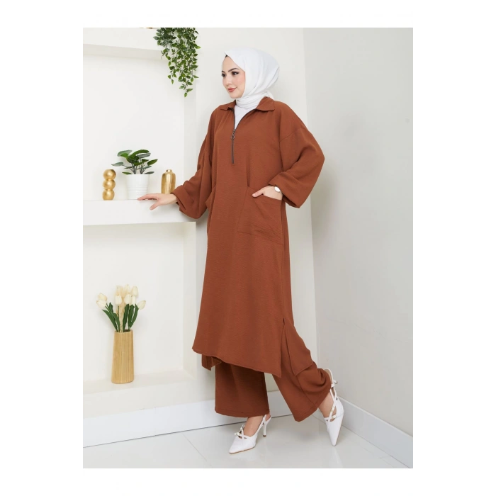 UZUN BOY CEPLE YARI FERMUARLI AYROBİN TESETTÜR TAKIM BÜYÜK BEDEN KAHVE 846