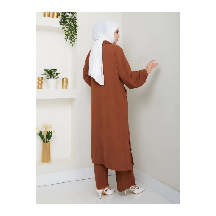UZUN BOY CEPLE YARI FERMUARLI AYROBİN TESETTÜR TAKIM BÜYÜK BEDEN KAHVE 846