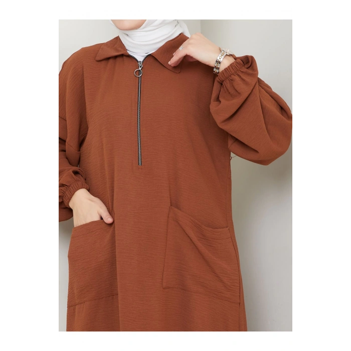 UZUN BOY CEPLE YARI FERMUARLI AYROBİN TESETTÜR TAKIM BÜYÜK BEDEN KAHVE 846