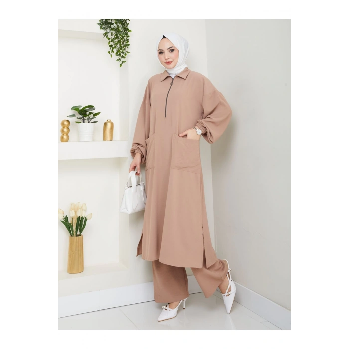 UZUN BOY CEPLE YARI FERMUARLI AYROBİN TESETTÜR TAKIM BÜYÜK BEDEN VİZON 846