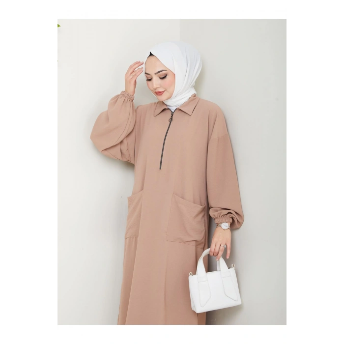 UZUN BOY CEPLE YARI FERMUARLI AYROBİN TESETTÜR TAKIM BÜYÜK BEDEN VİZON 846