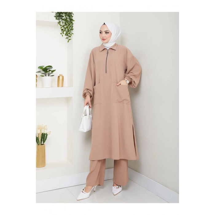 UZUN BOY CEPLE YARI FERMUARLI AYROBİN TESETTÜR TAKIM BÜYÜK BEDEN VİZON 846