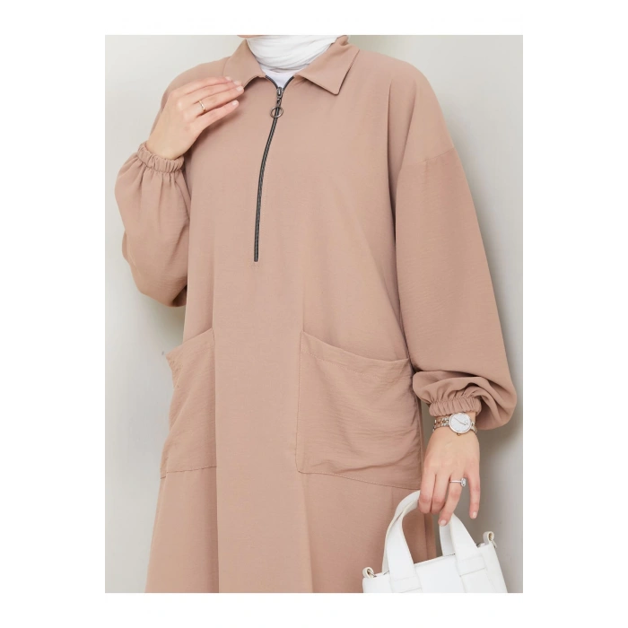 UZUN BOY CEPLE YARI FERMUARLI AYROBİN TESETTÜR TAKIM BÜYÜK BEDEN VİZON 846