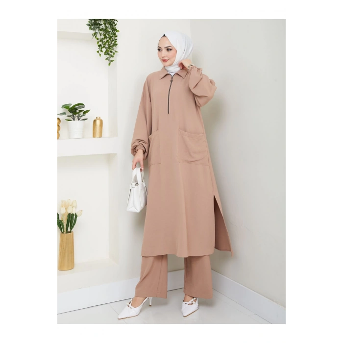 UZUN BOY CEPLE YARI FERMUARLI AYROBİN TESETTÜR TAKIM BÜYÜK BEDEN VİZON 846