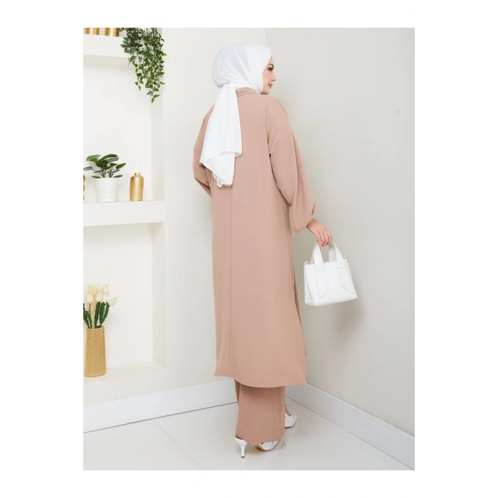 UZUN BOY CEPLE YARI FERMUARLI AYROBİN TESETTÜR TAKIM BÜYÜK BEDEN VİZON 846