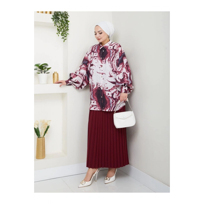 DESENLİ GÖMLEK ETEĞİ PLİSELİ TESETTÜR ETEK TAKIM 7452 BORDO