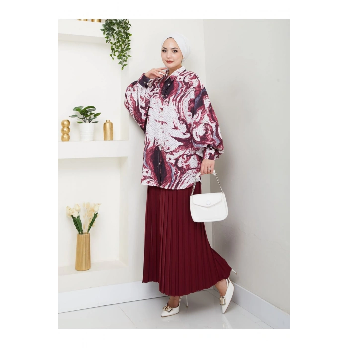 DESENLİ GÖMLEK ETEĞİ PLİSELİ TESETTÜR ETEK TAKIM 7452 BORDO