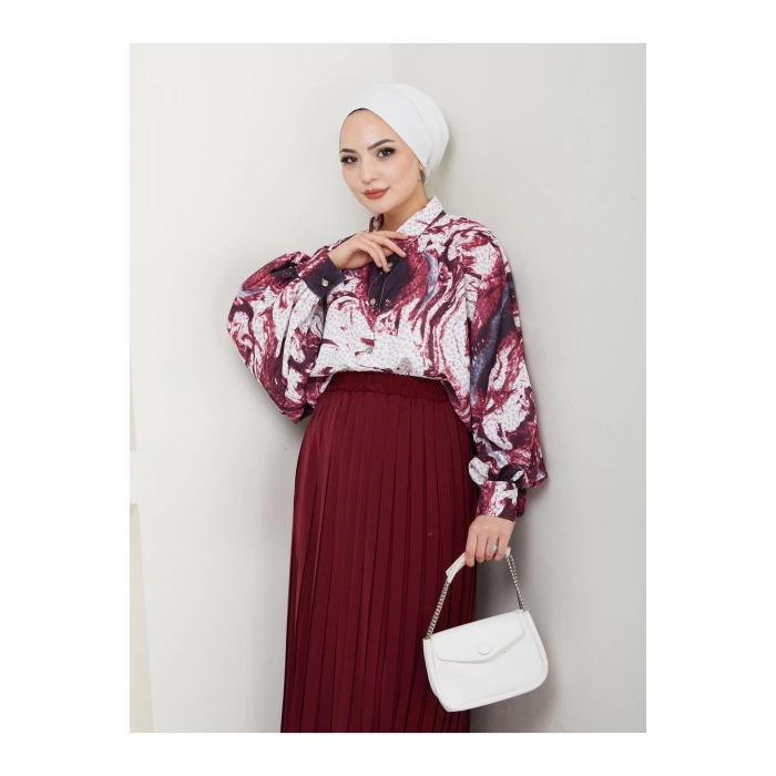 DESENLİ GÖMLEK ETEĞİ PLİSELİ TESETTÜR ETEK TAKIM 7452 BORDO