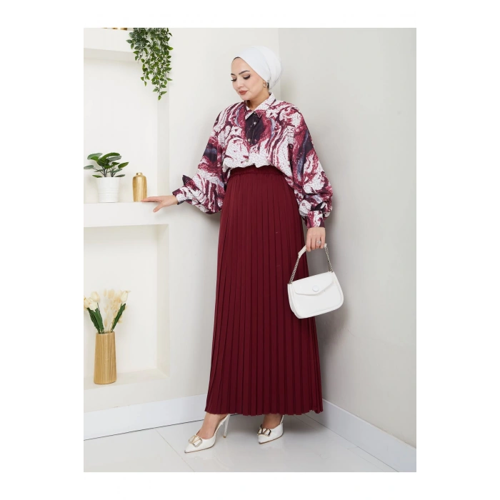 DESENLİ GÖMLEK ETEĞİ PLİSELİ TESETTÜR ETEK TAKIM 7452 BORDO