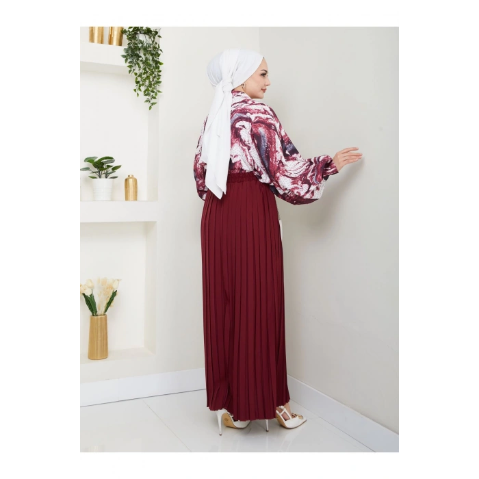 DESENLİ GÖMLEK ETEĞİ PLİSELİ TESETTÜR ETEK TAKIM 7452 BORDO