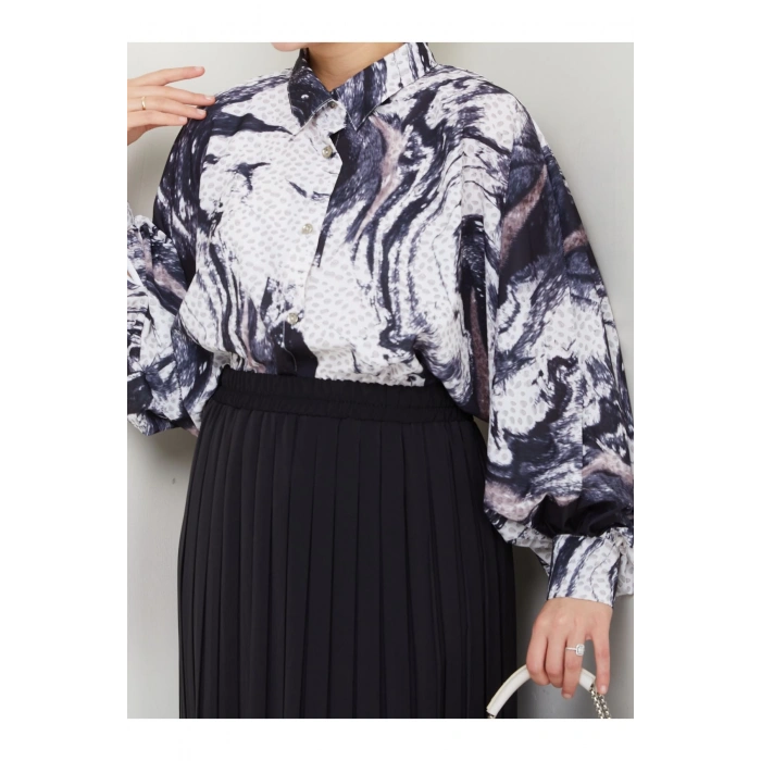 DESENLİ GÖMLEK ETEĞİ PLİSELİ TESETTÜR ETEK TAKIM 7452 SİYAH