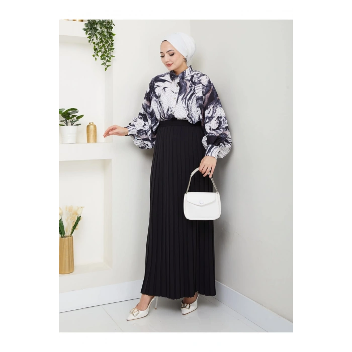 DESENLİ GÖMLEK ETEĞİ PLİSELİ TESETTÜR ETEK TAKIM 7452 SİYAH