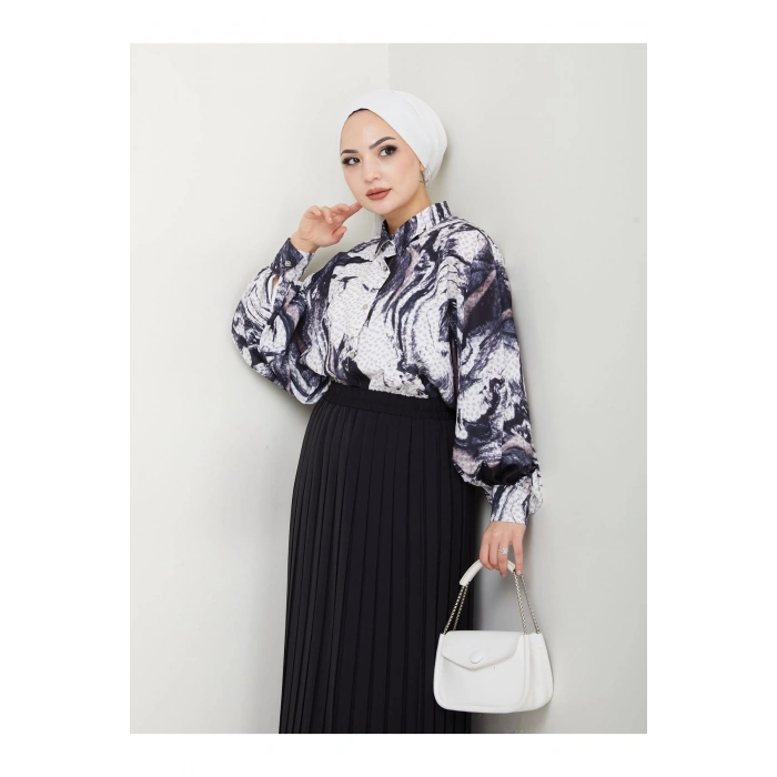 DESENLİ GÖMLEK ETEĞİ PLİSELİ TESETTÜR ETEK TAKIM 7452 SİYAH