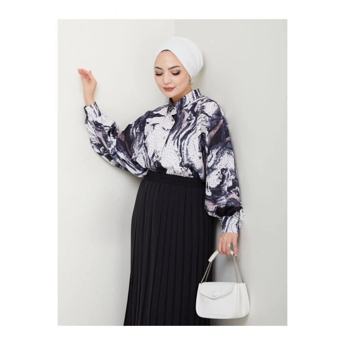 DESENLİ GÖMLEK ETEĞİ PLİSELİ TESETTÜR ETEK TAKIM 7452 SİYAH