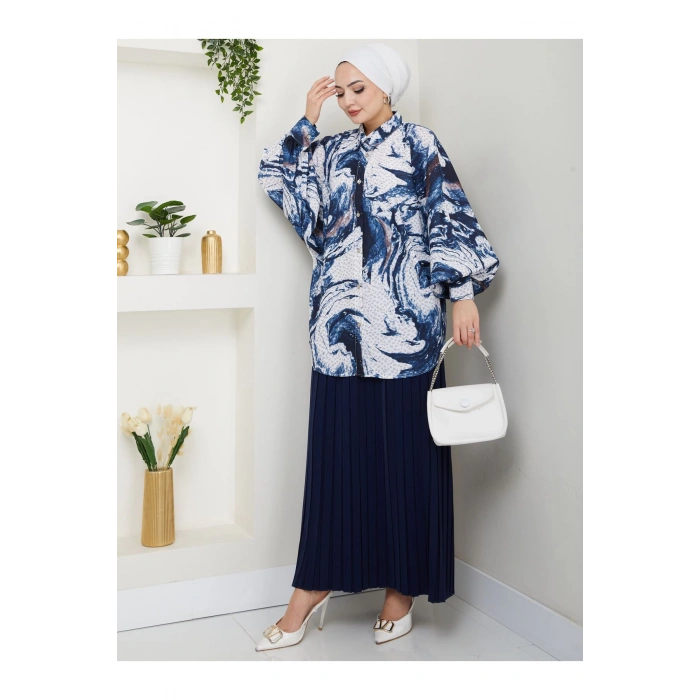 DESENLİ GÖMLEK ETEĞİ PLİSELİ TESETTÜR ETEK TAKIM 7452 LACİVERT