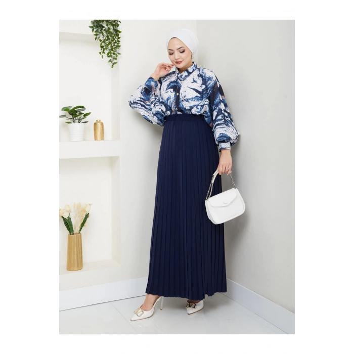 DESENLİ GÖMLEK ETEĞİ PLİSELİ TESETTÜR ETEK TAKIM 7452 LACİVERT