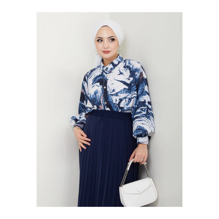 DESENLİ GÖMLEK ETEĞİ PLİSELİ TESETTÜR ETEK TAKIM 7452 LACİVERT