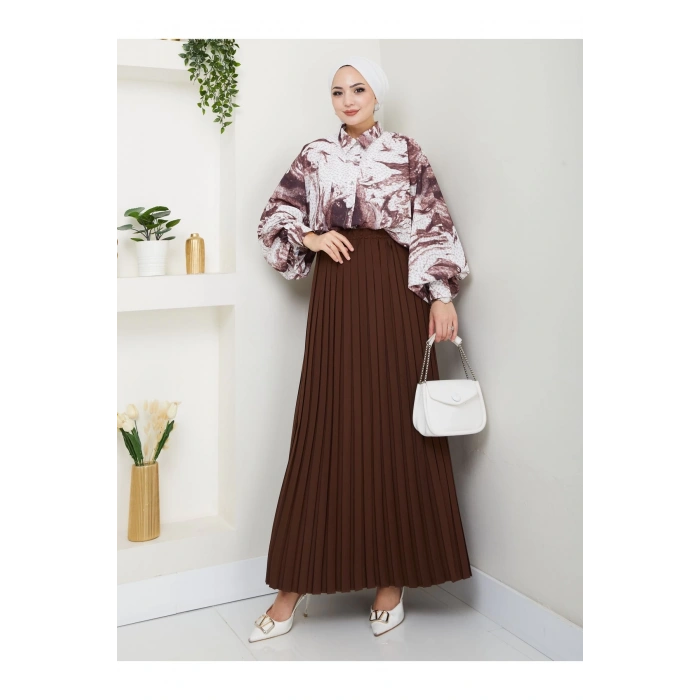 DESENLİ GÖMLEK ETEĞİ PLİSELİ TESETTÜR ETEK TAKIM 7452 KAHVE