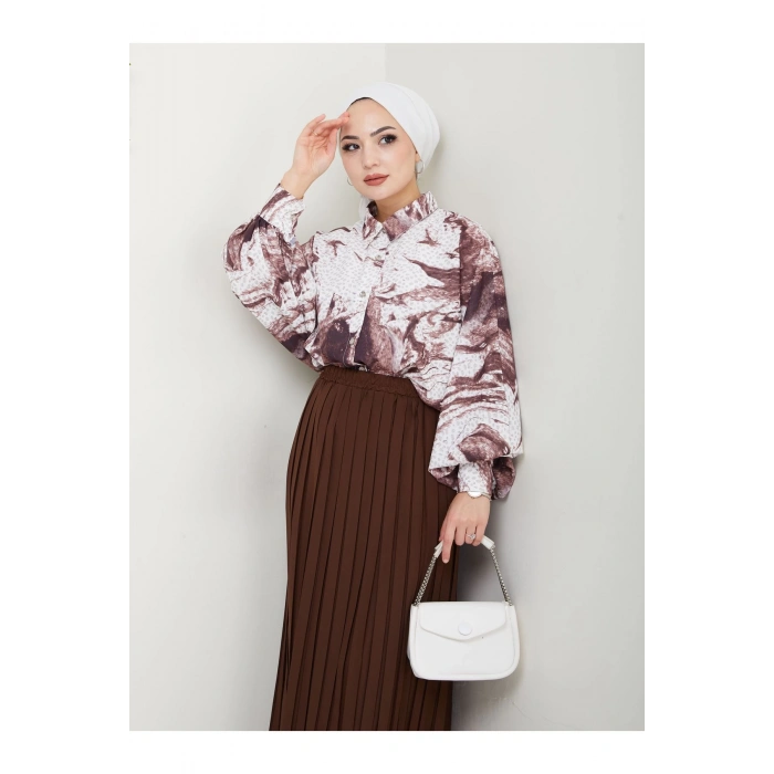 DESENLİ GÖMLEK ETEĞİ PLİSELİ TESETTÜR ETEK TAKIM 7452 KAHVE