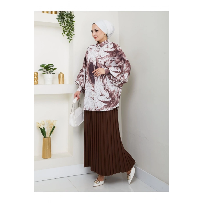 DESENLİ GÖMLEK ETEĞİ PLİSELİ TESETTÜR ETEK TAKIM 7452 KAHVE
