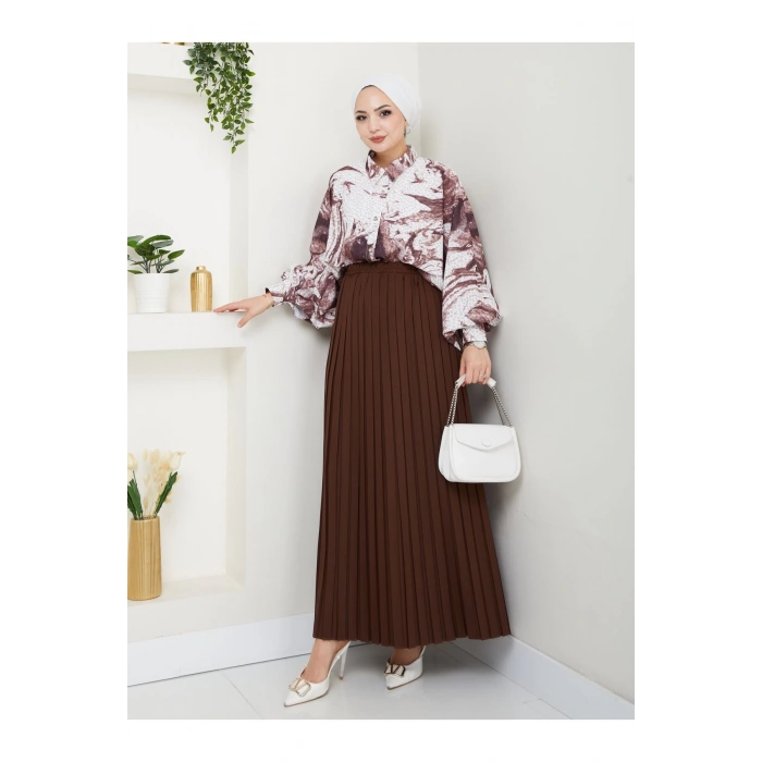 DESENLİ GÖMLEK ETEĞİ PLİSELİ TESETTÜR ETEK TAKIM 7452 KAHVE