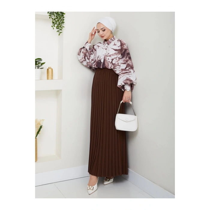 DESENLİ GÖMLEK ETEĞİ PLİSELİ TESETTÜR ETEK TAKIM 7452 KAHVE