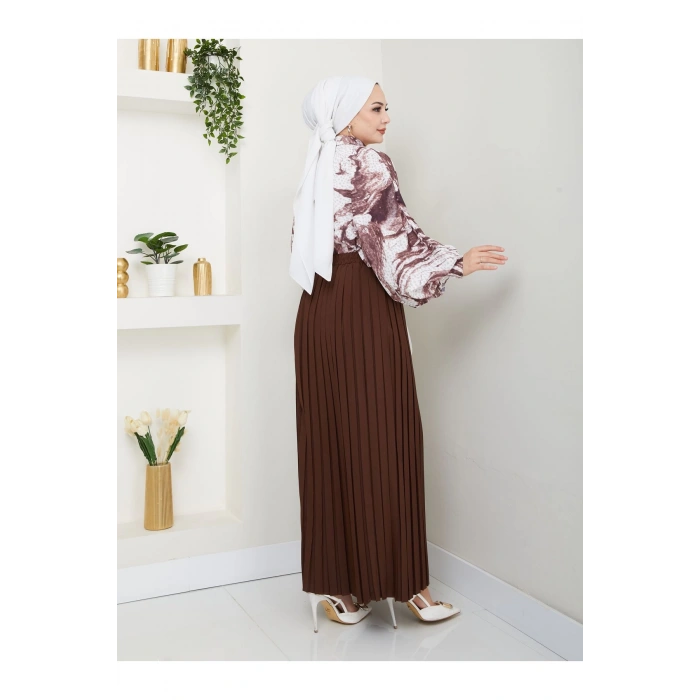 DESENLİ GÖMLEK ETEĞİ PLİSELİ TESETTÜR ETEK TAKIM 7452 KAHVE