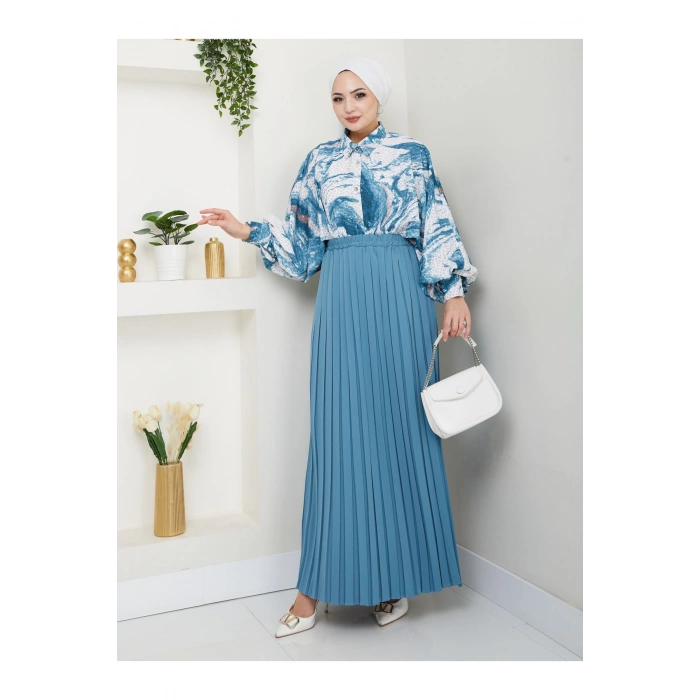 DESENLİ GÖMLEK ETEĞİ PLİSELİ TESETTÜR ETEK TAKIM 7452 MİNT