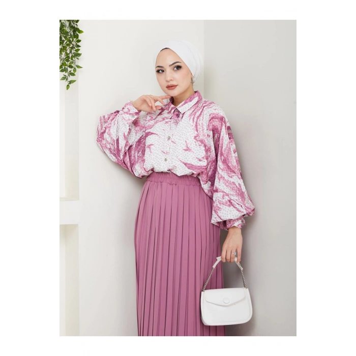 DESENLİ GÖMLEK ETEĞİ PLİSELİ TESETTÜR ETEK TAKIM 7452 PEMBE