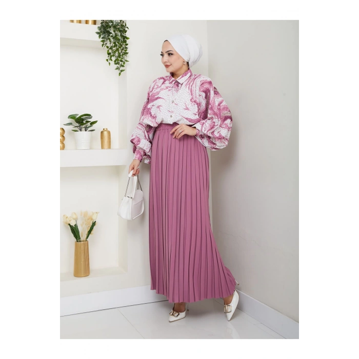 DESENLİ GÖMLEK ETEĞİ PLİSELİ TESETTÜR ETEK TAKIM 7452 PEMBE