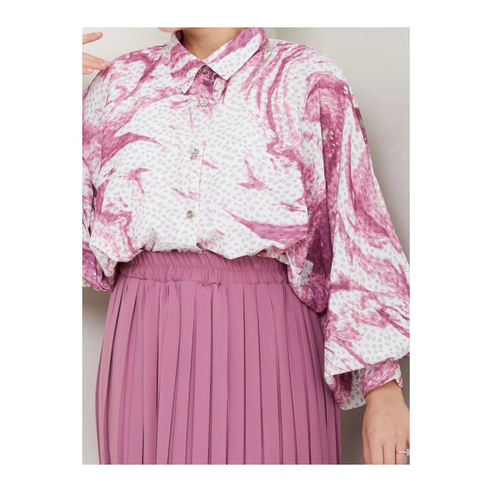 DESENLİ GÖMLEK ETEĞİ PLİSELİ TESETTÜR ETEK TAKIM 7452 PEMBE