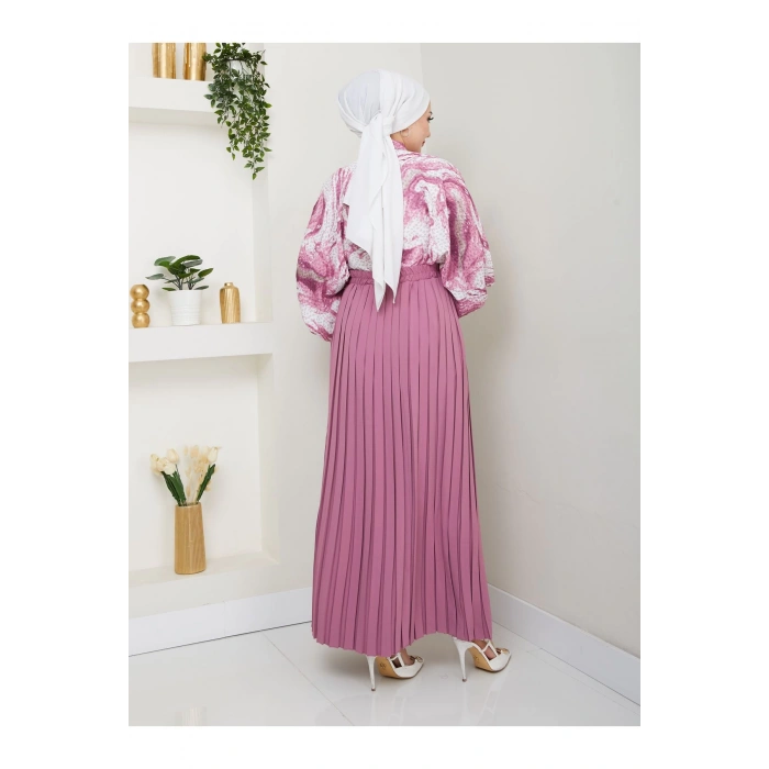DESENLİ GÖMLEK ETEĞİ PLİSELİ TESETTÜR ETEK TAKIM 7452 PEMBE