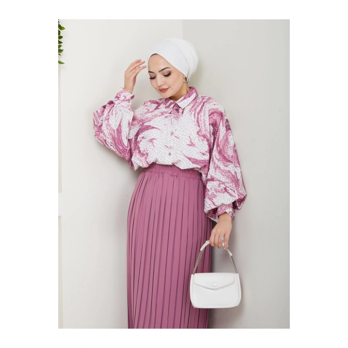 DESENLİ GÖMLEK ETEĞİ PLİSELİ TESETTÜR ETEK TAKIM 7452 PEMBE