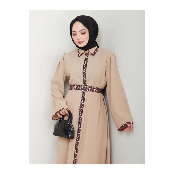 LEOPAR DETAYLI GÖMLEK YAKA ELBİSE LEOPAR KUŞAKLI FULL DÜĞME KAPAMA