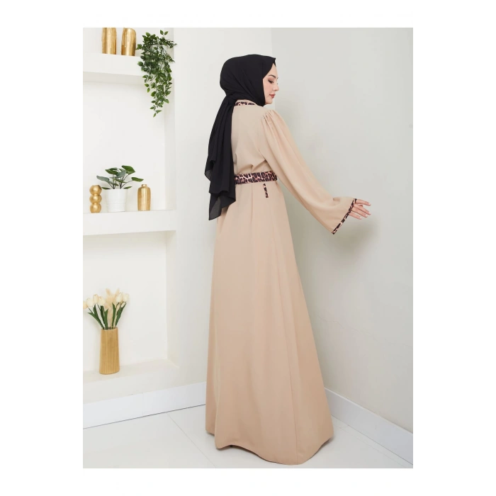 LEOPAR DETAYLI GÖMLEK YAKA ELBİSE LEOPAR KUŞAKLI FULL DÜĞME KAPAMA