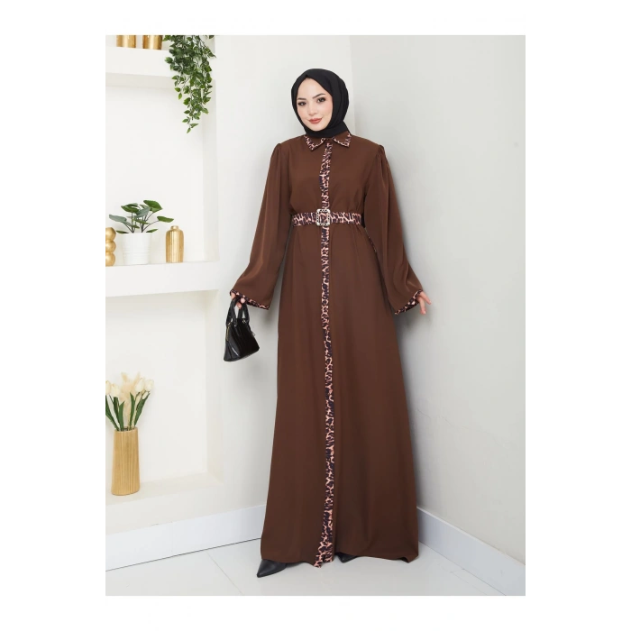 LEOPAR DETAYLI GÖMLEK YAKA ELBİSE LEOPAR KUŞAKLI FULL DÜĞME KAPAMA